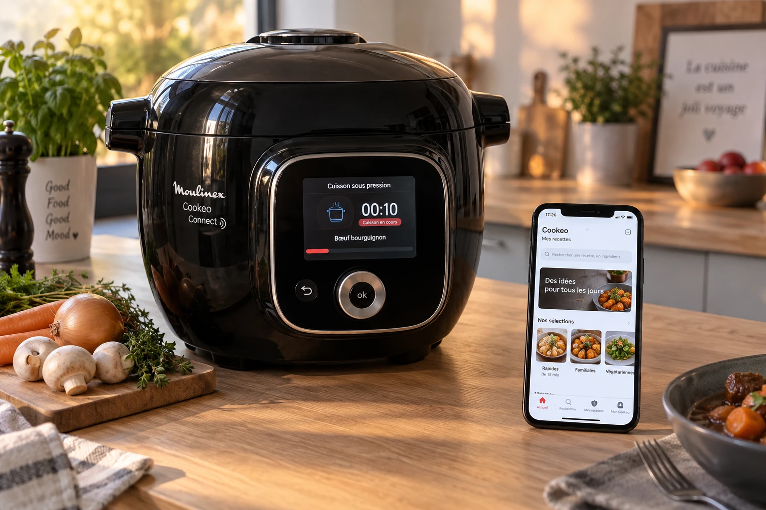 Multicuiseur Cookeo Connect noir de Moulinex sur un plan de travail avec smartphone connecté à côté