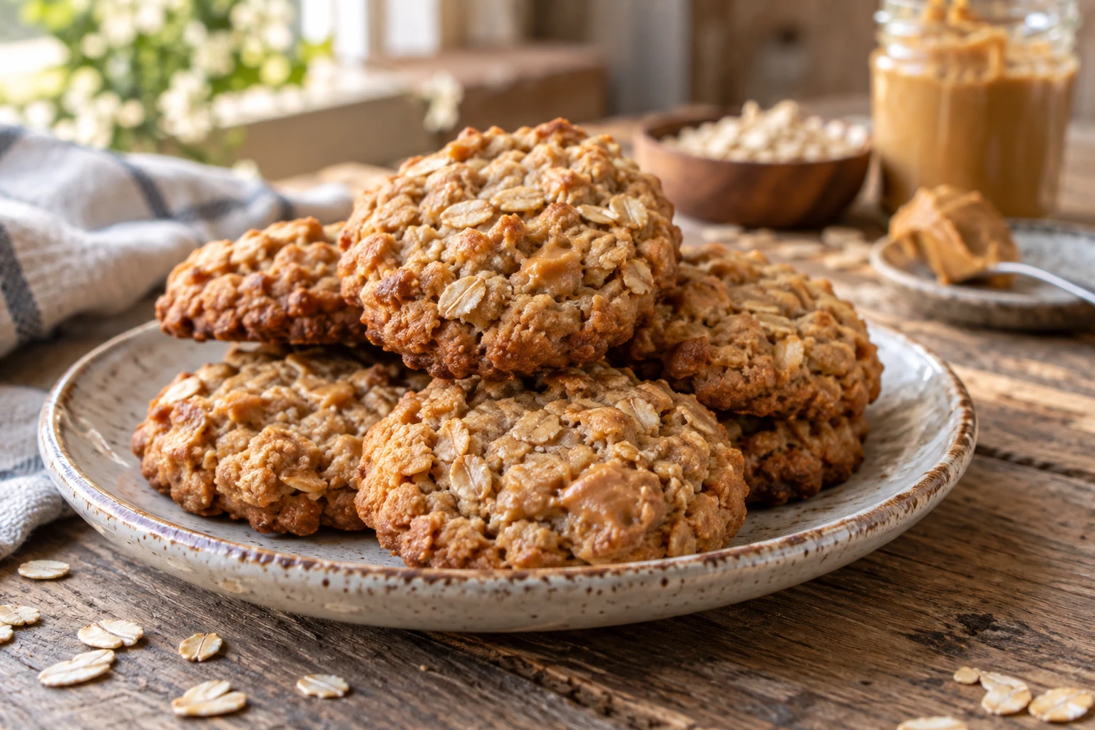 Cookies aux flocons d'avoine et beurre de cacahuète empilés sur une assiette en céramique