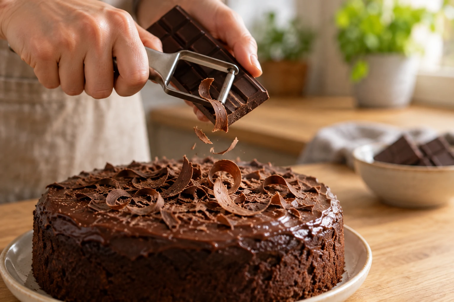 Copeaux de chocolat noir réalisés à l'économe sur un gâteau au chocolat