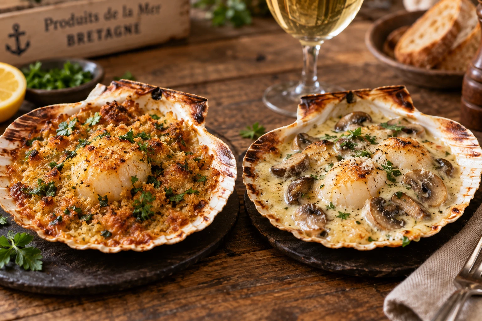 Coquilles Saint-Jacques à la bretonne et à la normande servies côte à côte sur une table en bois