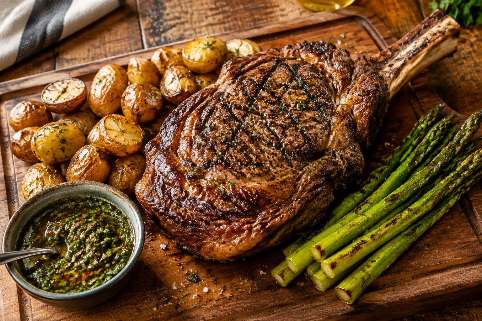 Côte de bœuf grillée servie avec pommes grenailles, asperges et sauce chimichurri sur planche en bois