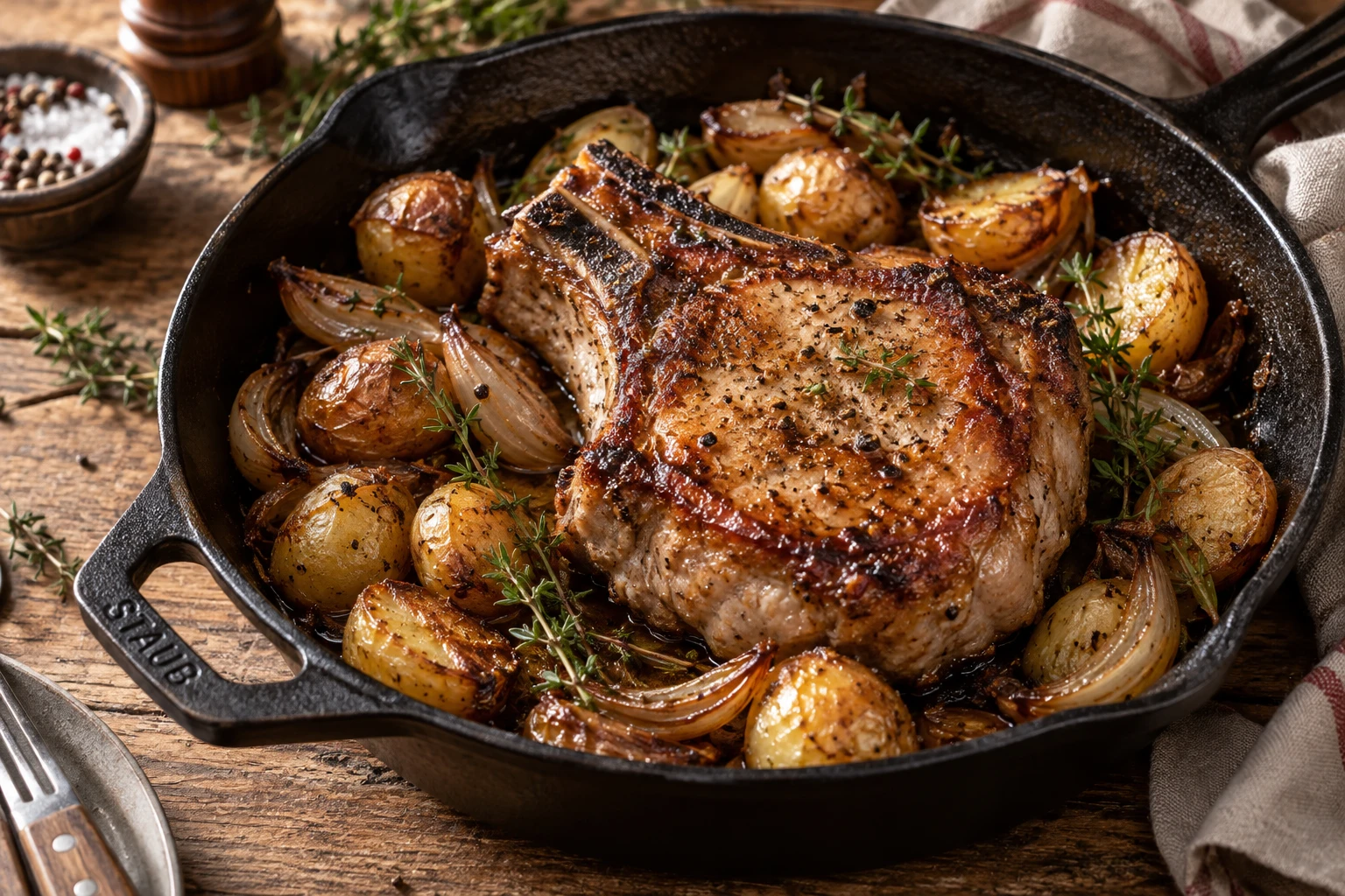 Côte de porc dorée au four avec pommes de terre et thym dans un plat en fonte sur une table en bois