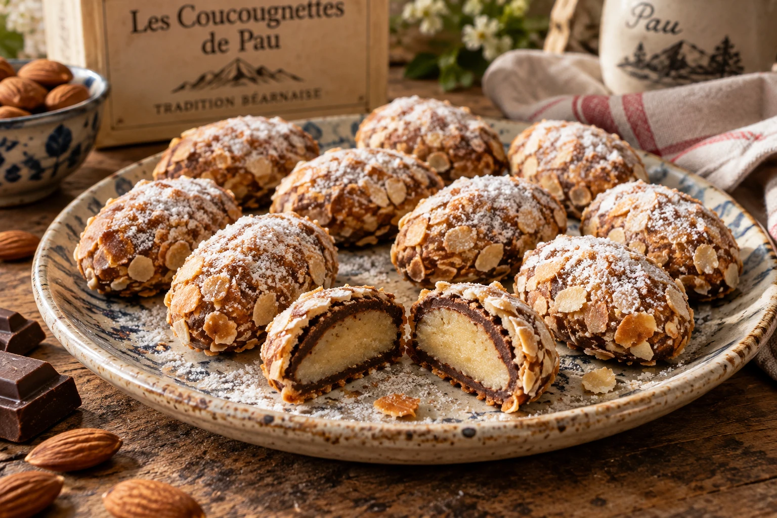 Coucougnettes de Pau maison coupées en deux montrant les couches d'amande, chocolat et pâte d'amande