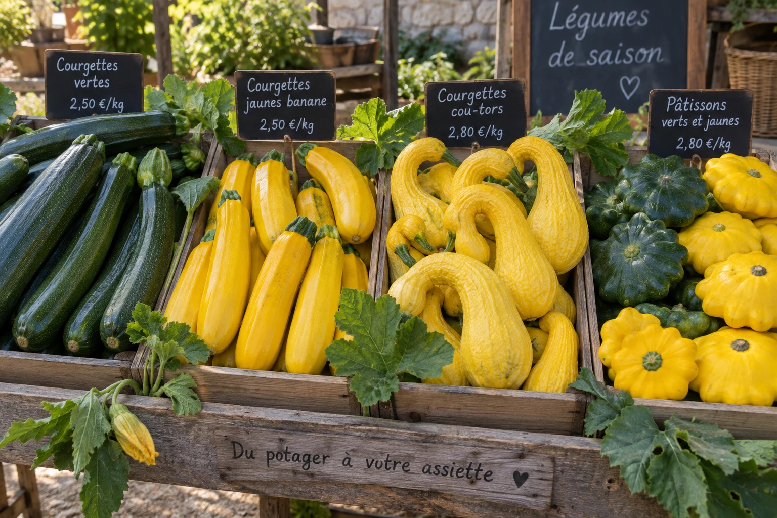 Variétés de courges vertes et jaunes disposées sur un étal en bois, zucchini, cou-tors et pâtissons