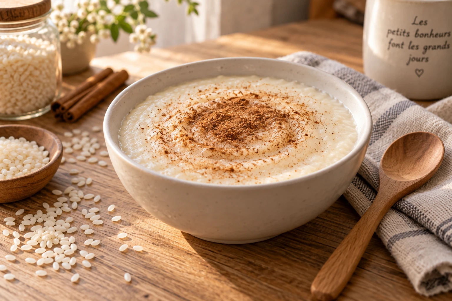 Bol de crème de riz maison onctueuse saupoudrée de cannelle sur table en bois