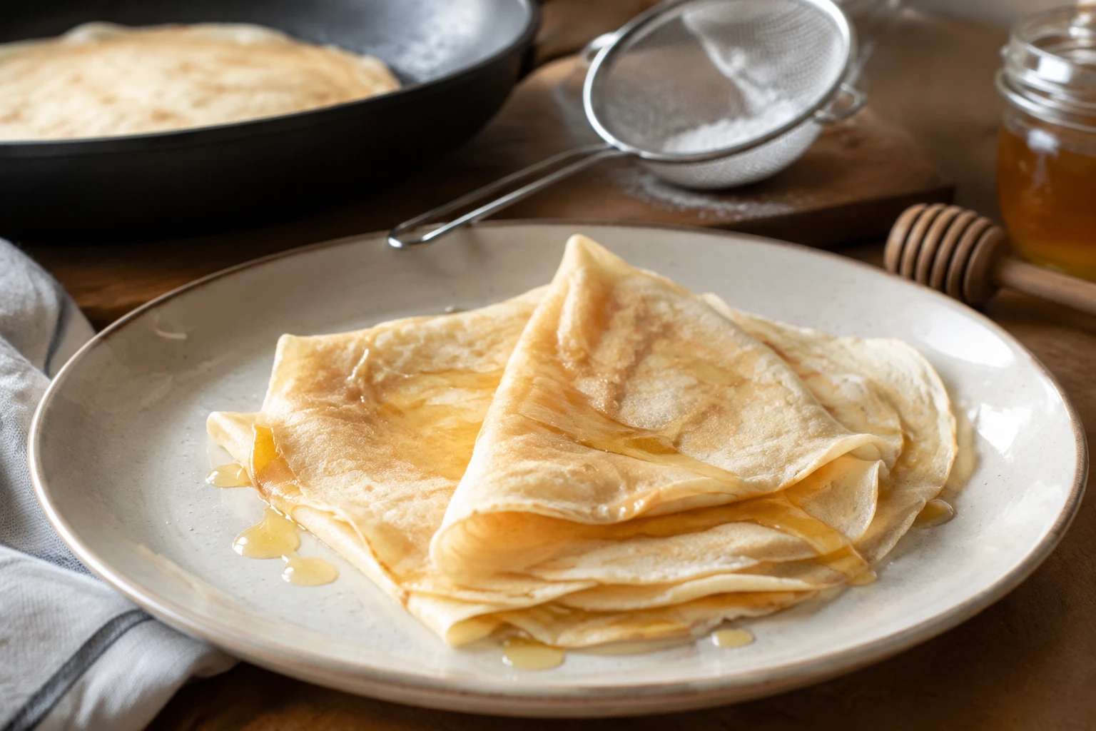Crêpes blanches fines au miel dans une assiette, cuisine lumineuse, pour un régime sans résidus
