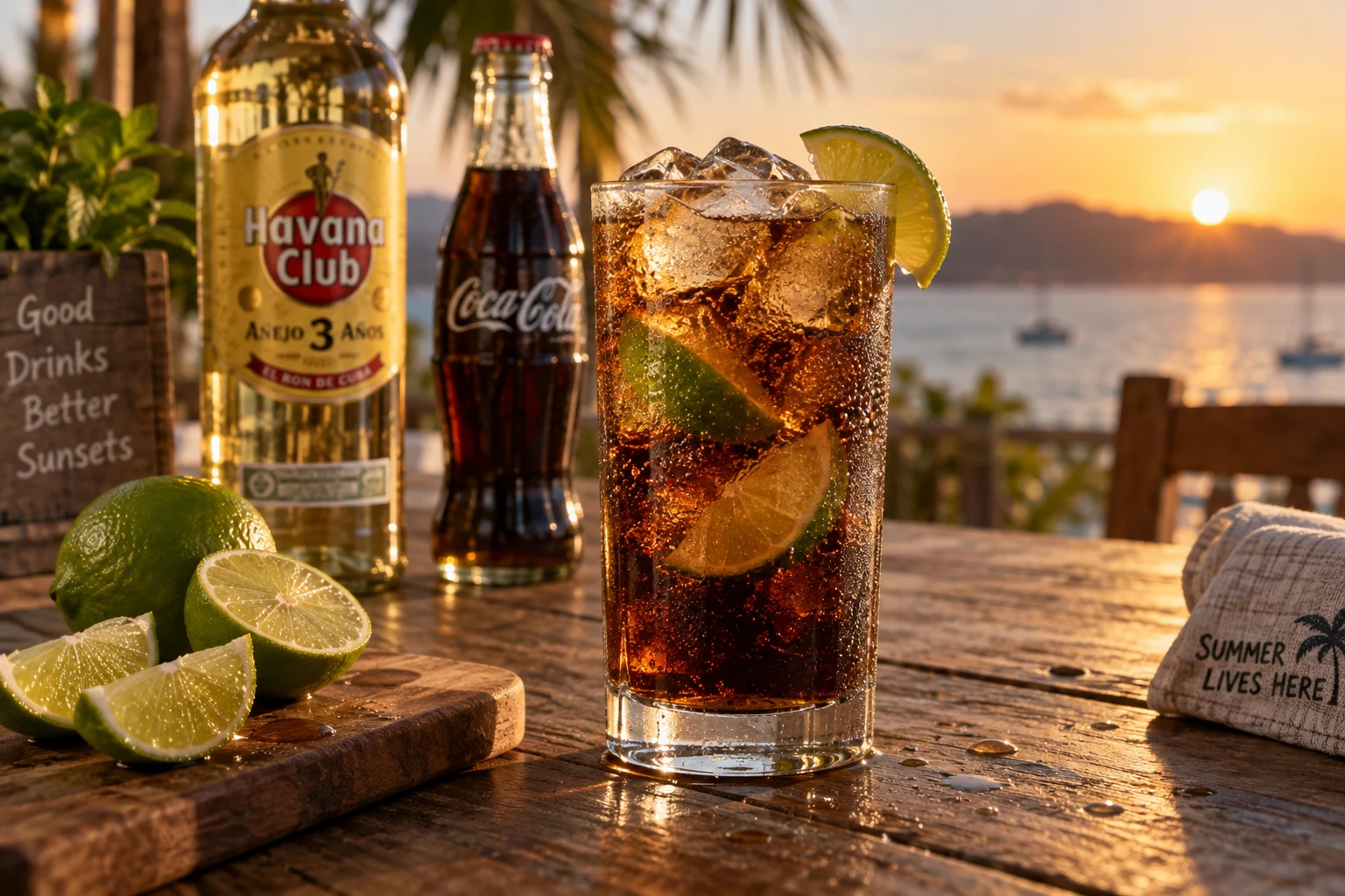 Verre highball de Cuba Libre avec glaçons et citron vert sur une table en bois