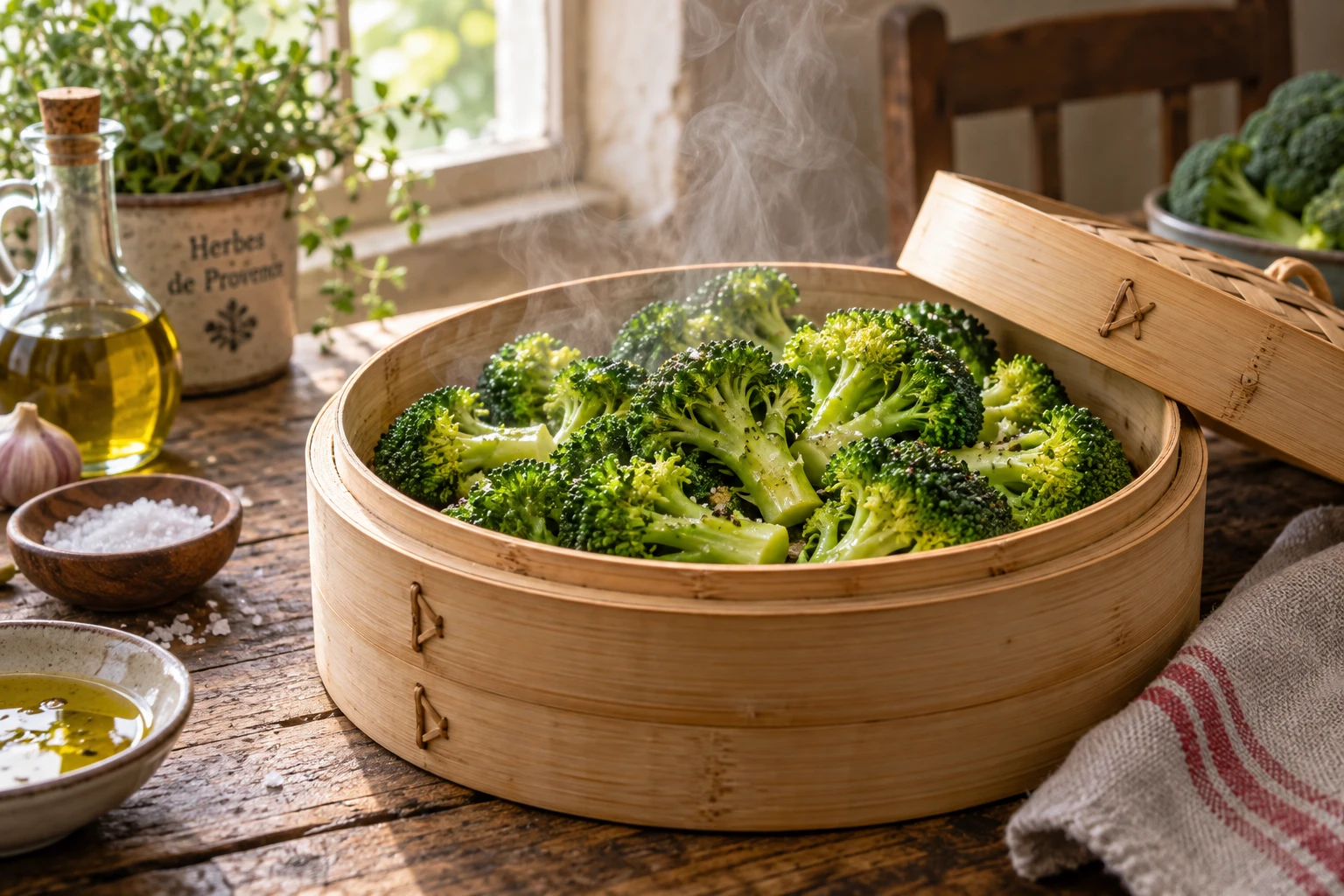 Fleurettes de brocoli vert vif cuites à la vapeur dans un panier en bambou sur une table en bois