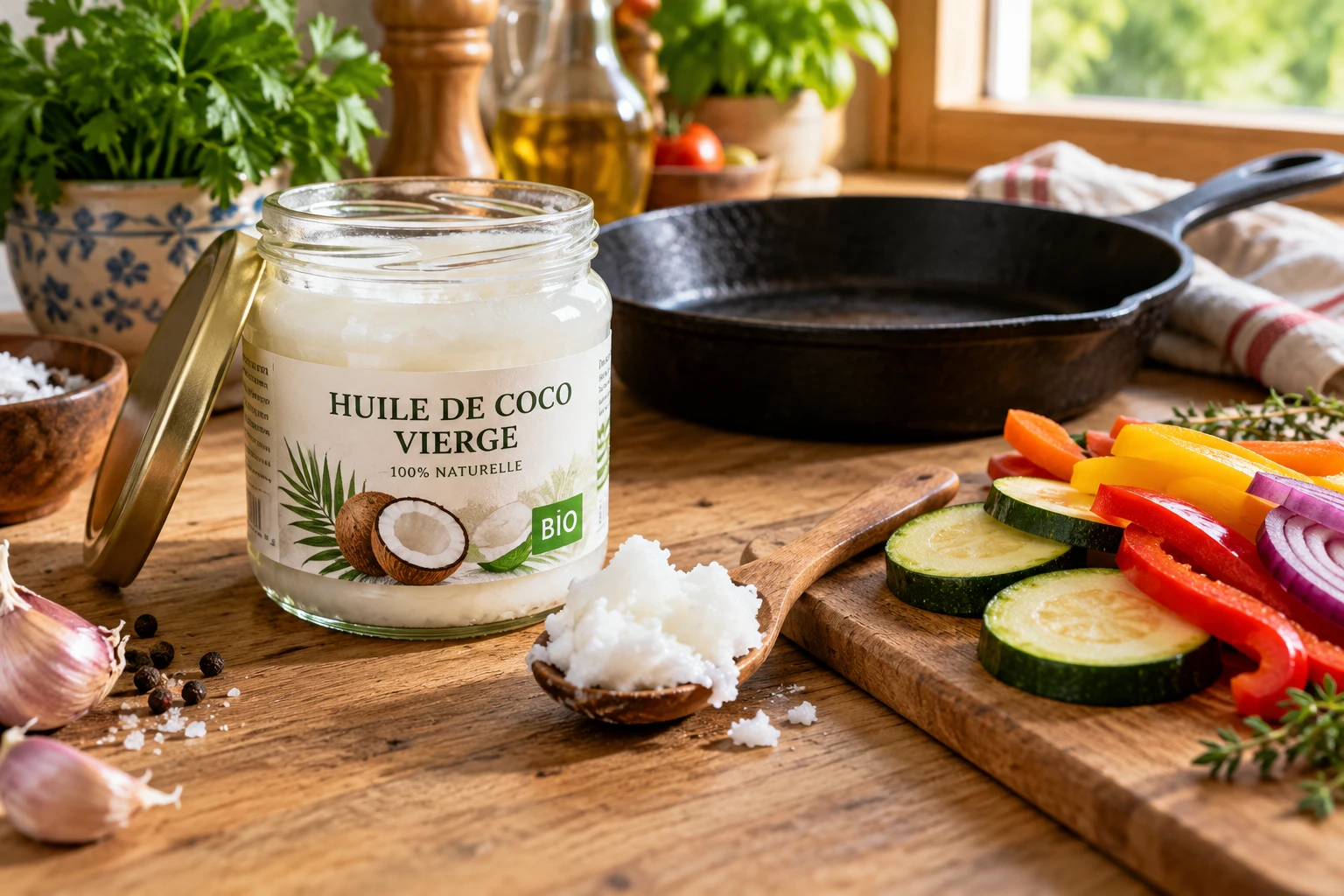 Pot d'huile de coco ouvert avec une cuillère en bois, une poêle en fonte et des légumes sur un plan de travail en bois