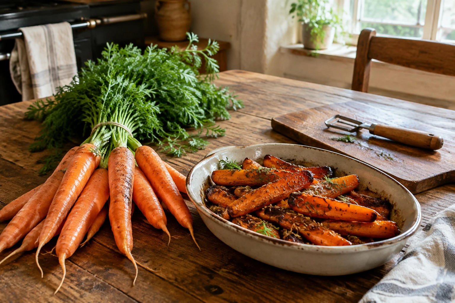 Carottes fraîches avec fanes et carottes rôties au cumin sur une table en bois