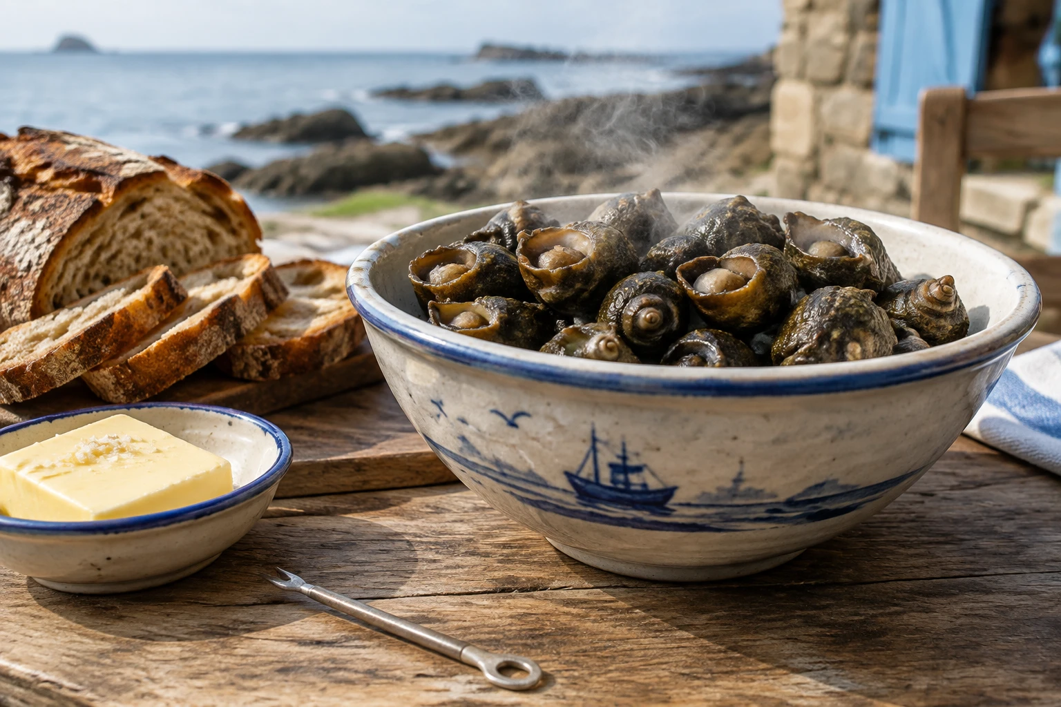 Bol de bigorneaux cuits fumants avec pain et beurre sur table en bois