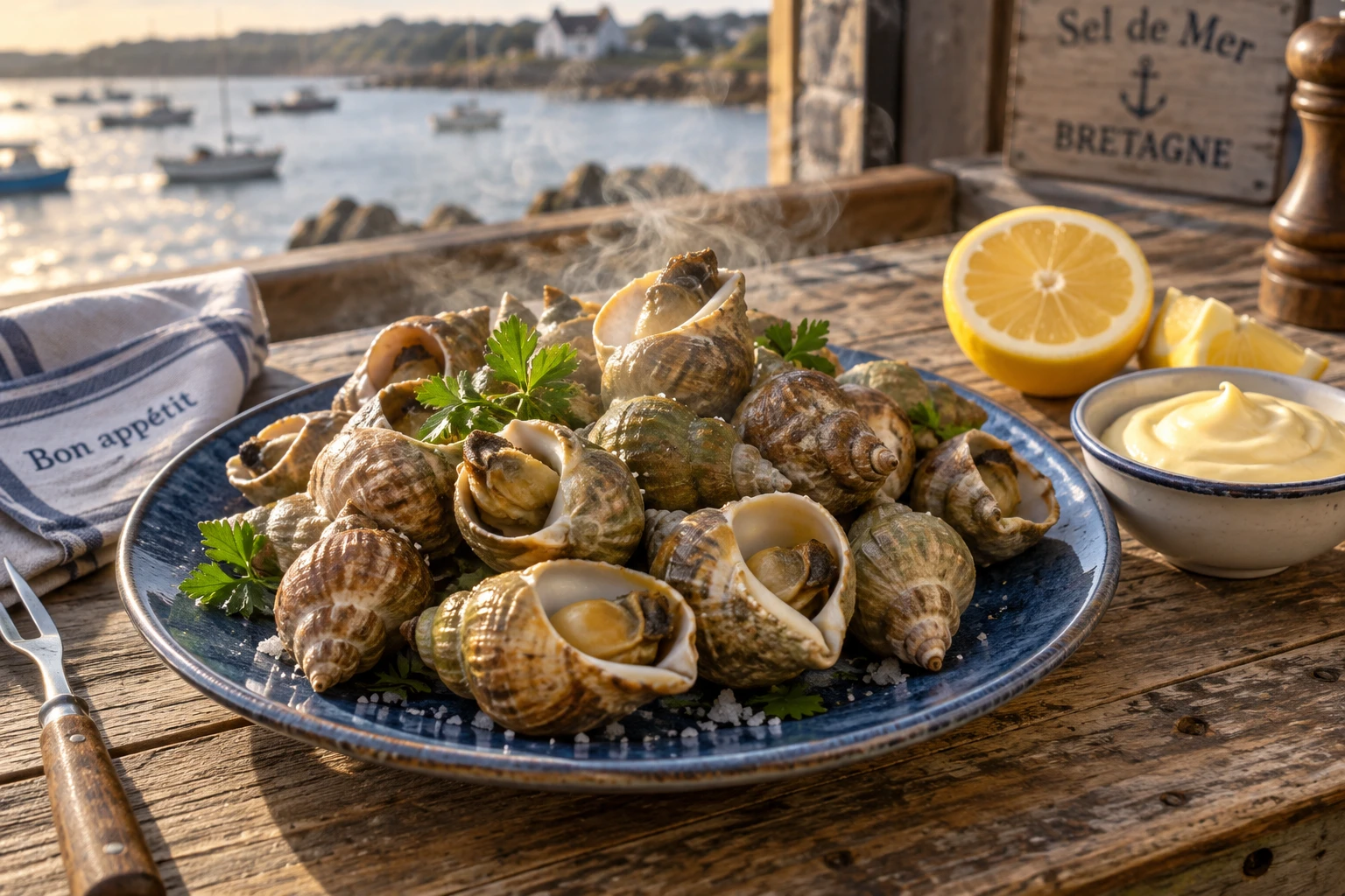 Assiette de bulots cuits tendres servis avec mayonnaise maison et citron sur table en bois