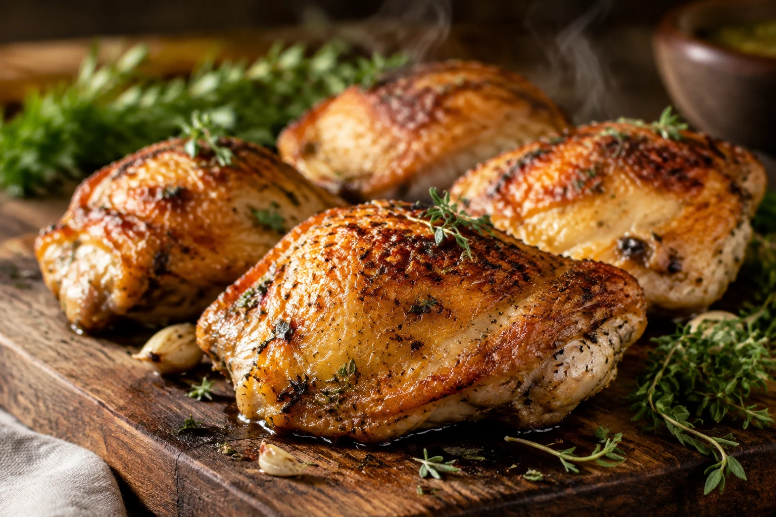 Cuisses de poulet dorées et croustillantes sortant du four sur une planche en bois