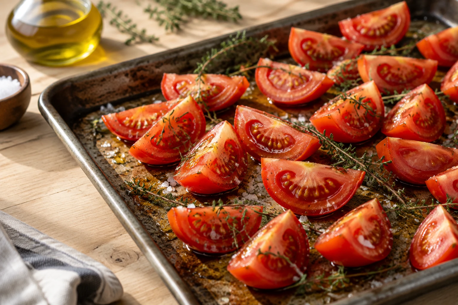 Tomates en quartiers sur plaque de four avec huile d'olive et thym avant cuisson