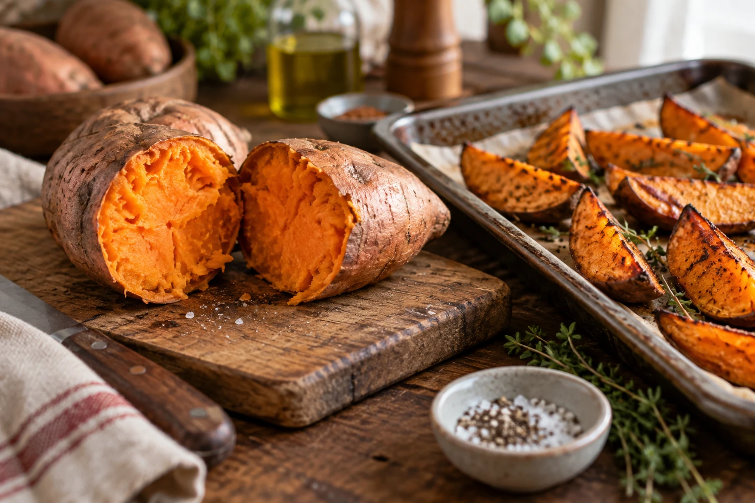 Patate douce coupée en deux avec chair orange fondante à côté de quartiers rôtis dorés sur une planche en bois