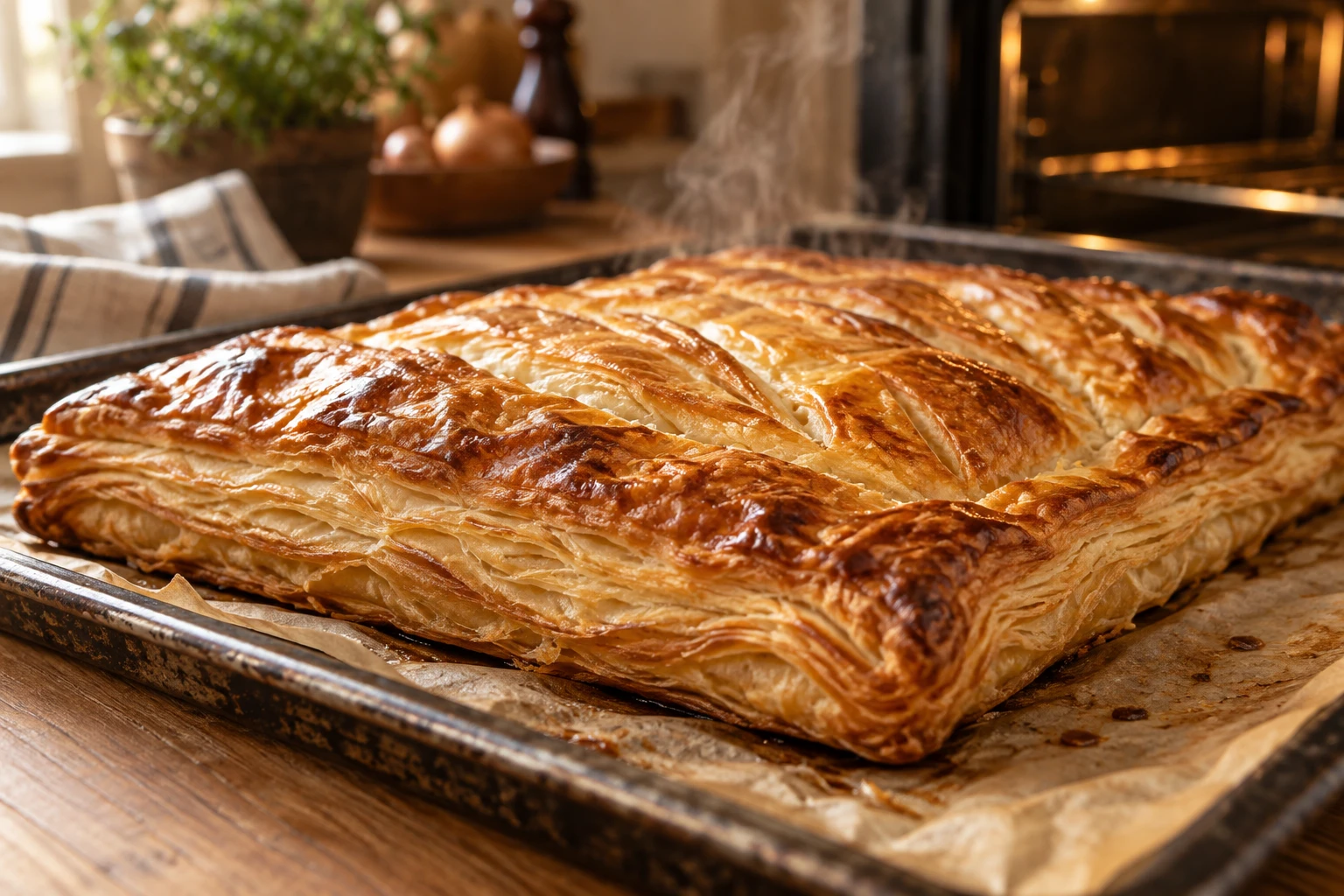 Pâte feuilletée dorée et croustillante à la sortie du four sur une plaque