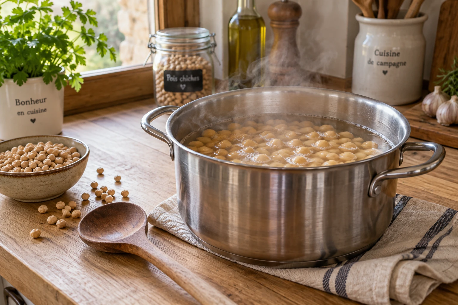 Casserole de pois chiches en cuisson avec vapeur, pois chiches secs à côté sur plan de travail en bois