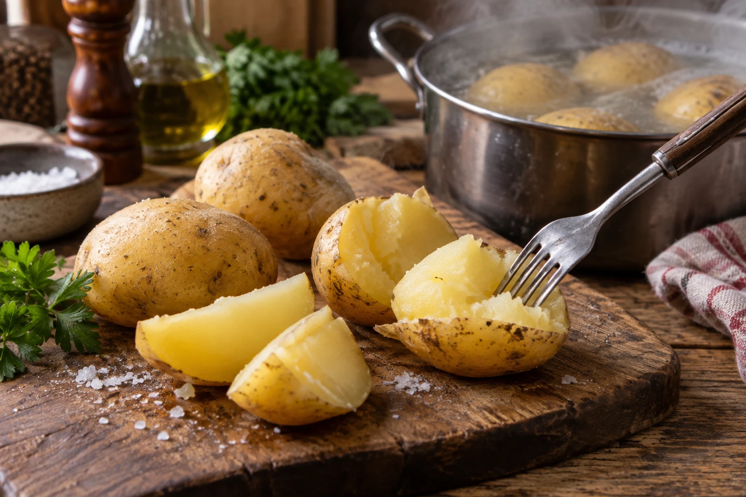 Pommes de terre entières et en quartiers cuites à l'eau sur planche en bois en cuisine