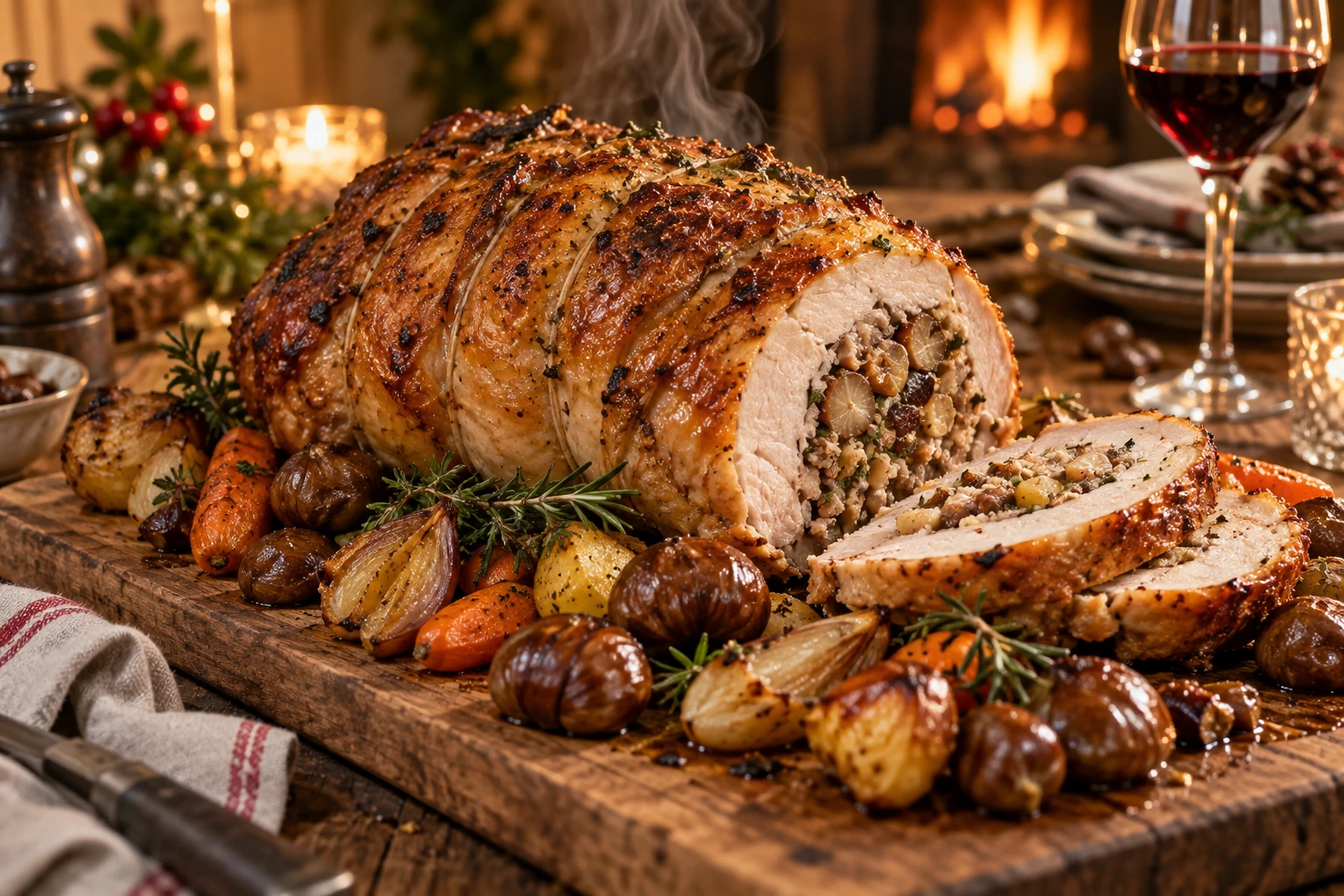Rôti de chapon farci doré servi avec des marrons et des légumes rôtis sur une planche en bois