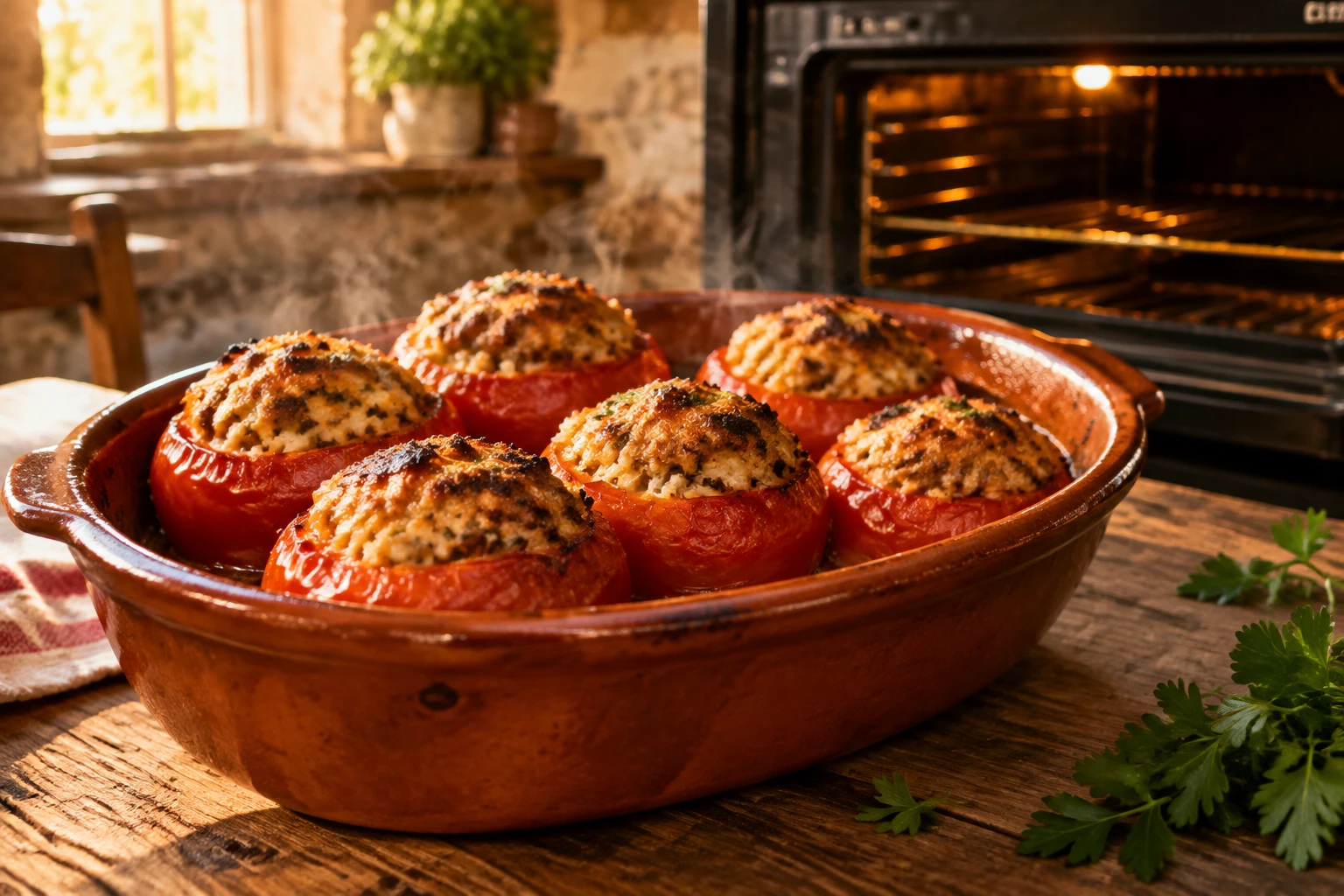 Tomates farcies dorées à la sortie du four dans un plat en terre cuite
