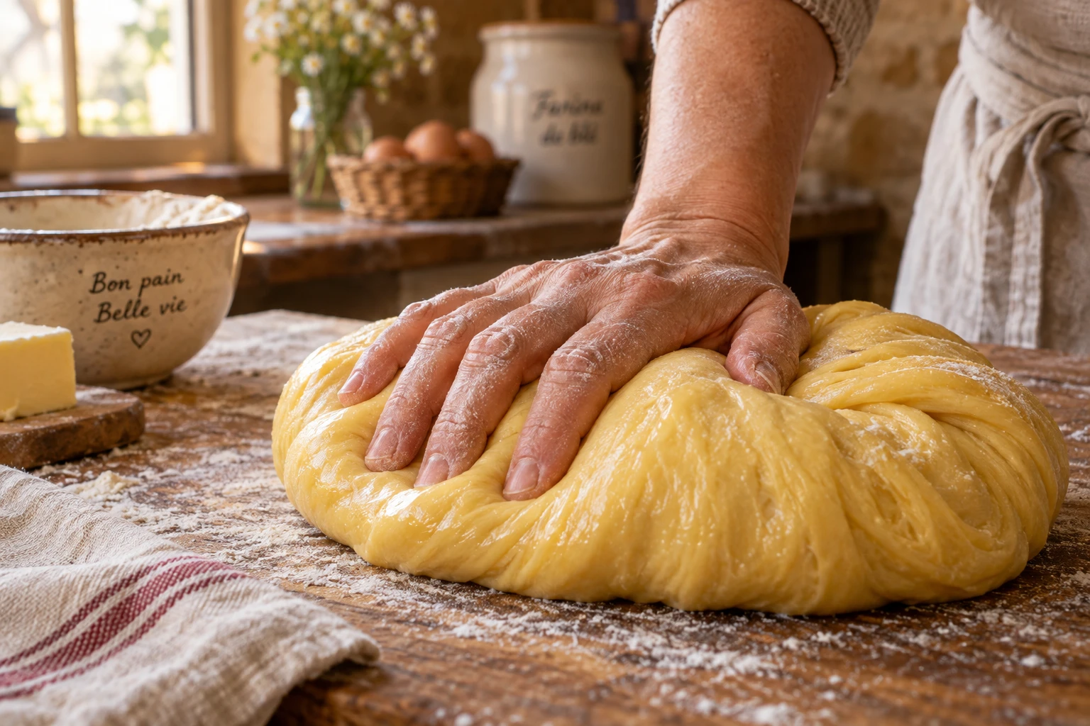 Main pressant délicatement une pâte à brioche dorée sur un plan de travail fariné en bois