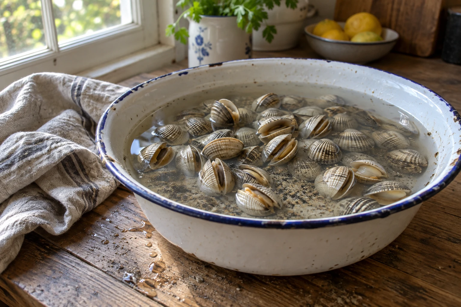 Bassine d'eau salée avec des coques fraîches en train de dégorger sur une table en bois
