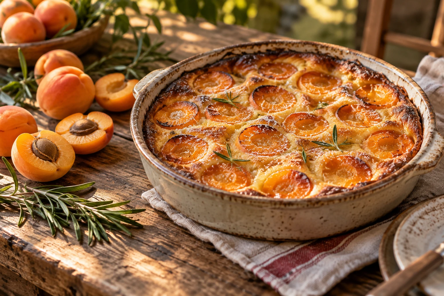 Clafoutis aux abricots doré dans un plat en céramique avec des abricots frais et du romarin