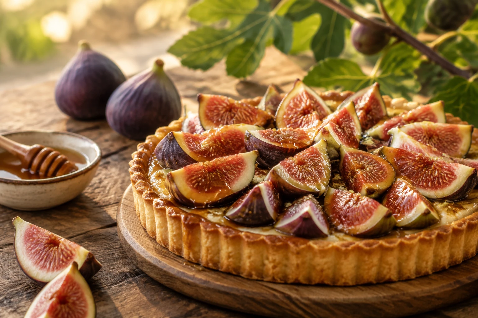 Tarte aux figues fraîches coupées en quartiers nappée de miel sur table en bois