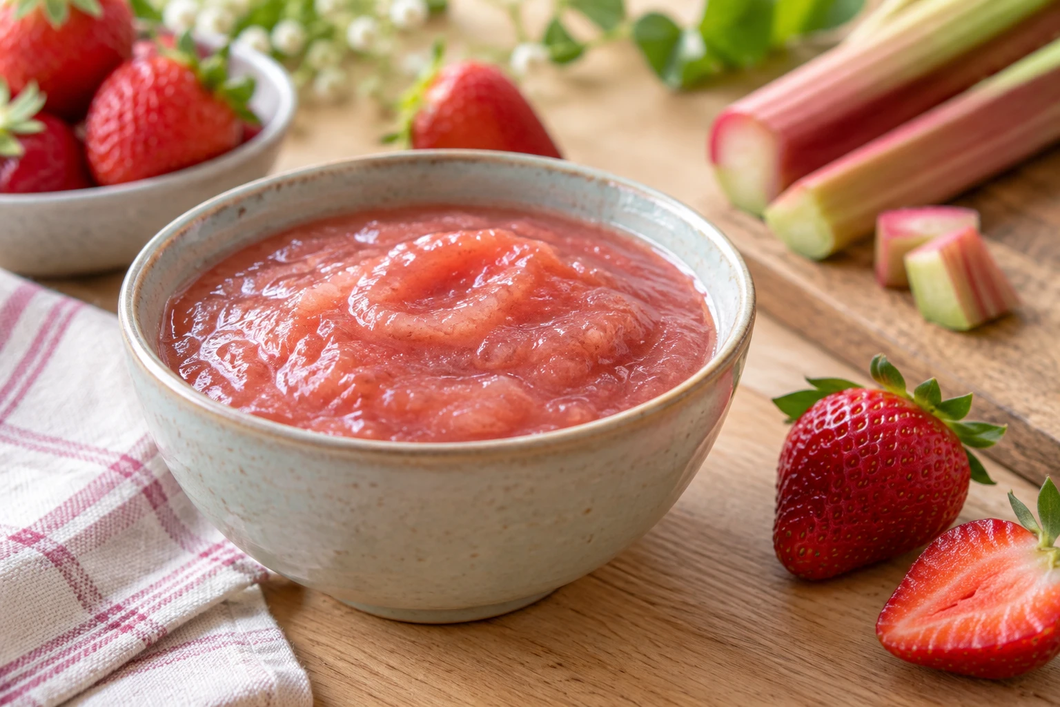 Bol de compote fraise-rhubarbe lisse pour bébé avec fraises fraîches et rhubarbe en arrière-plan