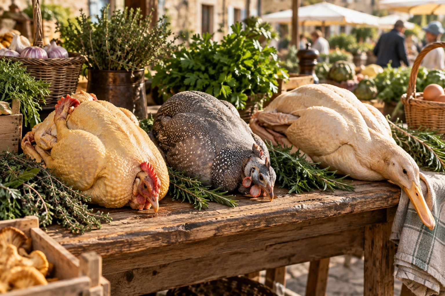 Poulet fermier, pintade et canard présentés sur un étal de marché en bois