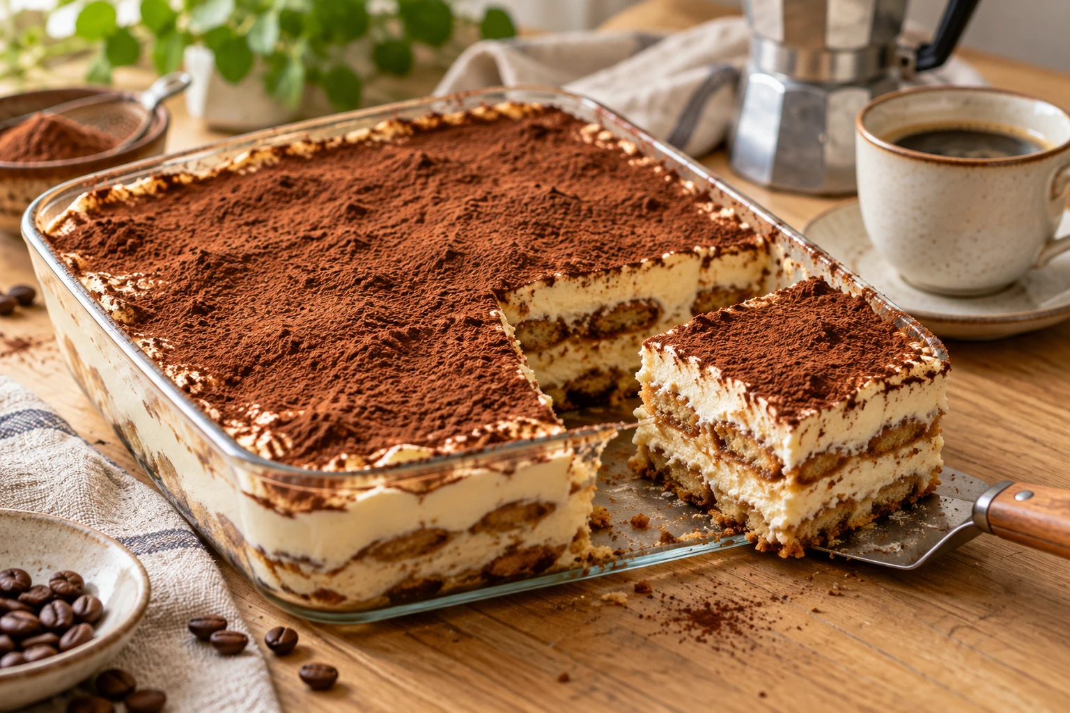 Part de tiramisu découpée dans un plat en verre avec couches de crème et biscuits, tasse de café à côté