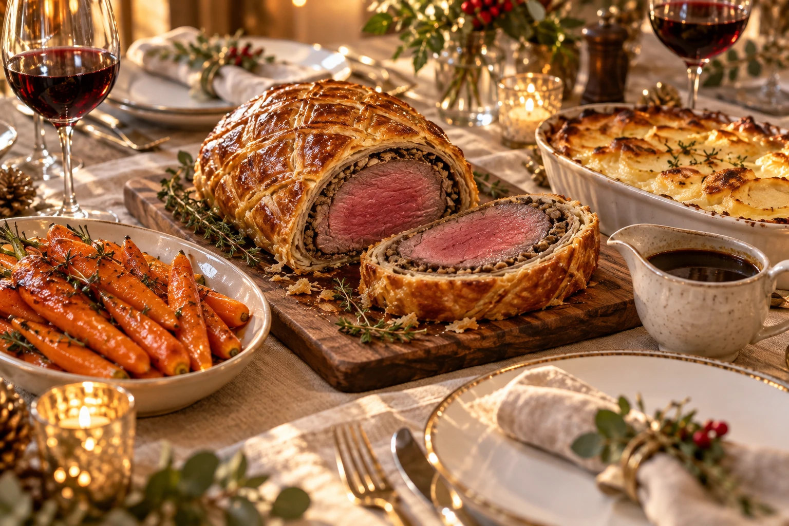 Bœuf Wellington tranché servi avec carottes glacées, gratin et sauce au porto sur une table de fête