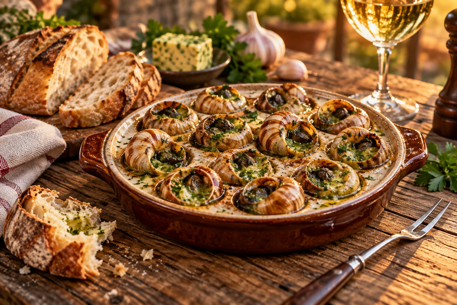Plat d'escargots au beurre persillé sortant du four, avec pain de campagne et fourchette à escargots