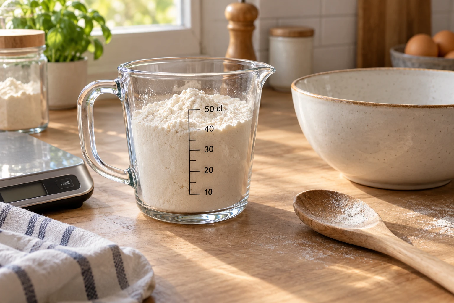 Verre doseur rempli de farine sur un plan de travail en bois avec une balance de cuisine