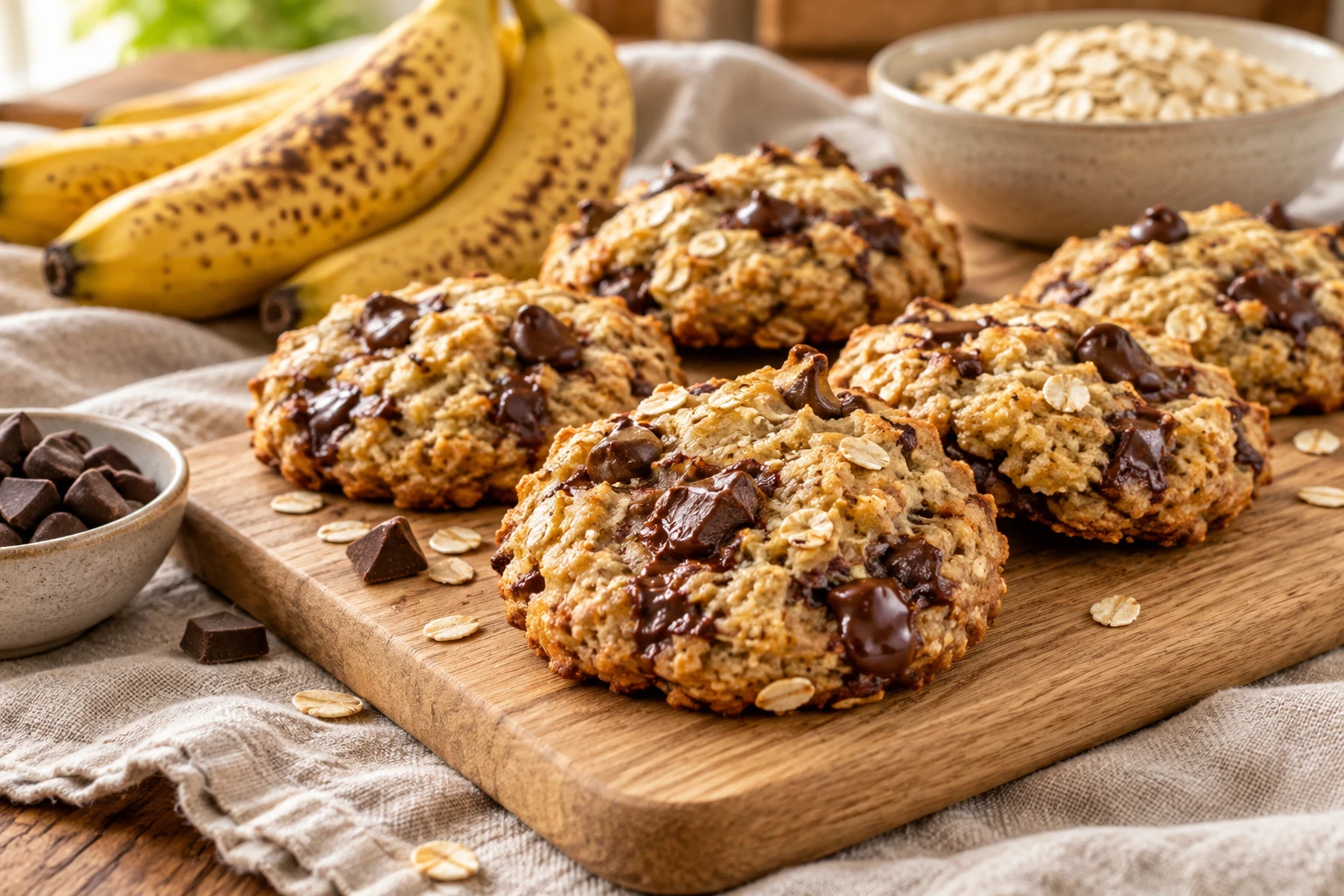 Cookies banane et flocons d'avoine dorés sur une planche en bois avec bananes mûres et flocons