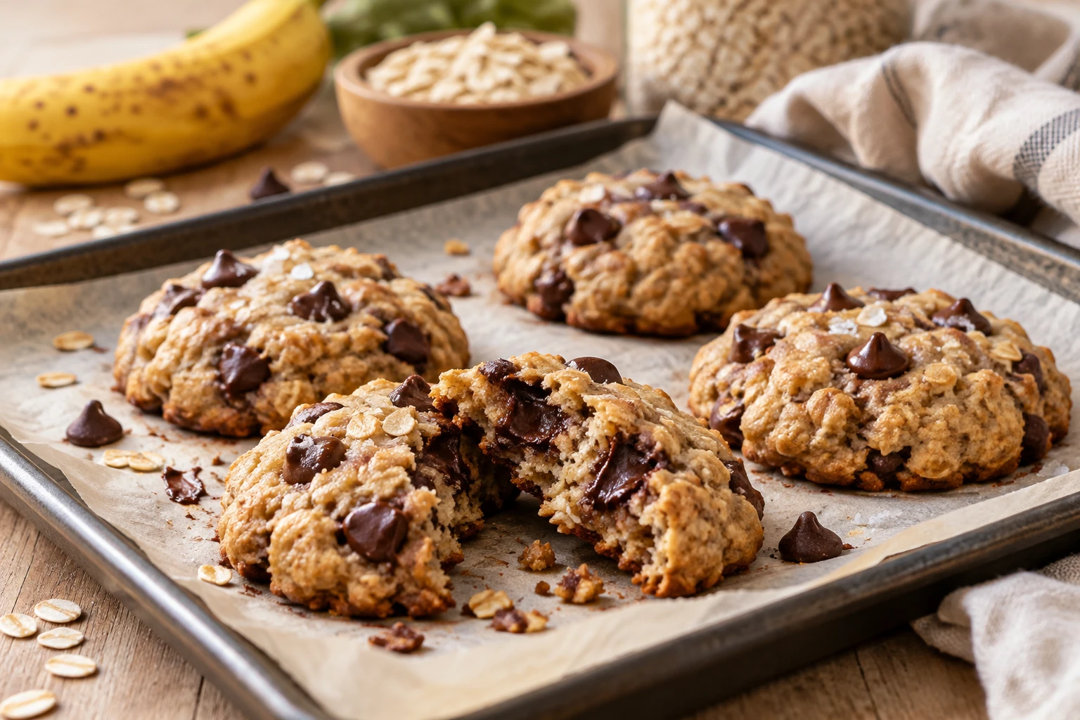 Cookies protéinés moelleux aux pépites de chocolat, dont un cassé en deux, sur une plaque de cuisson posée sur une table en bois