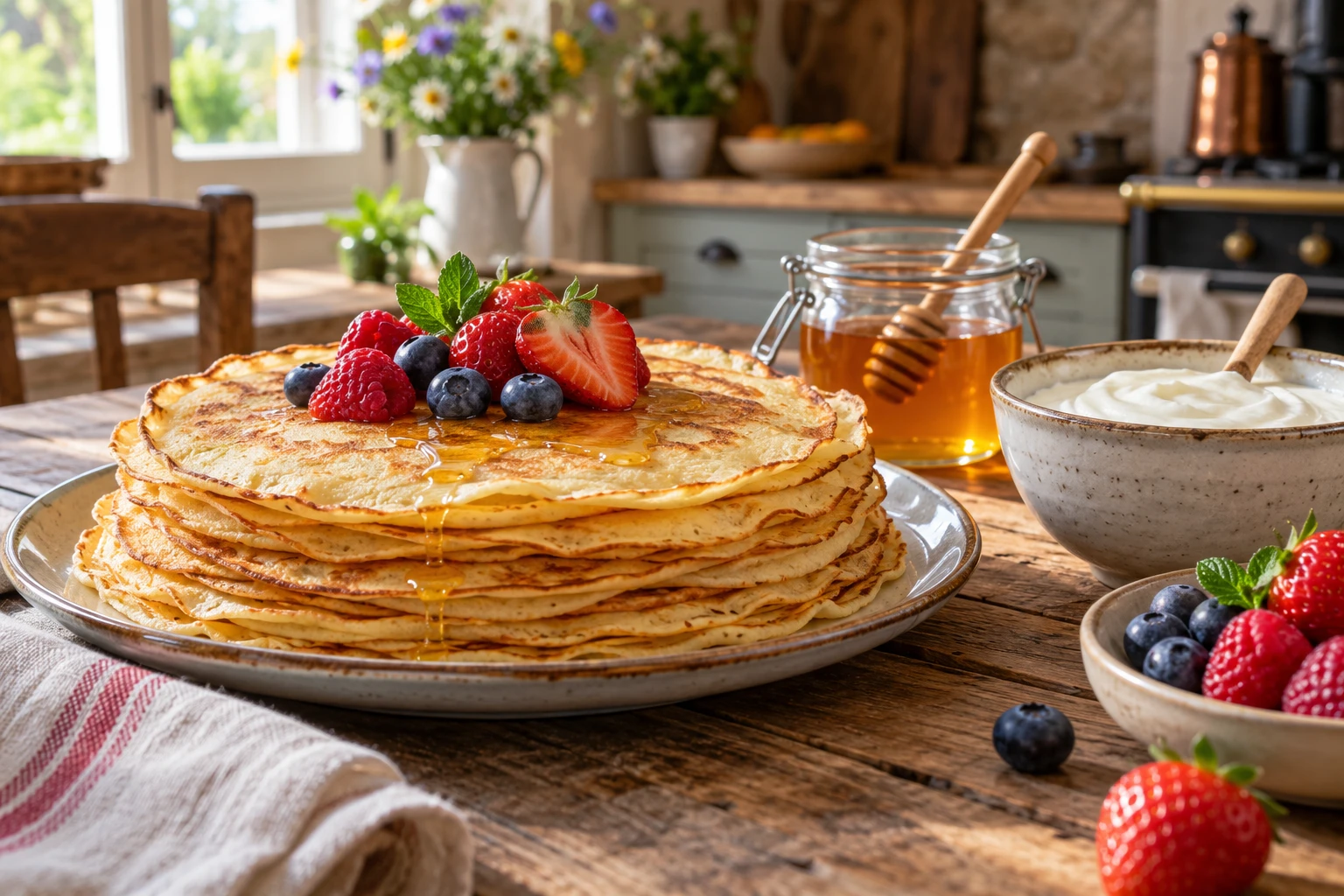 Pile de crêpes au fromage blanc dorées servies avec du miel et des fruits frais sur une table en bois