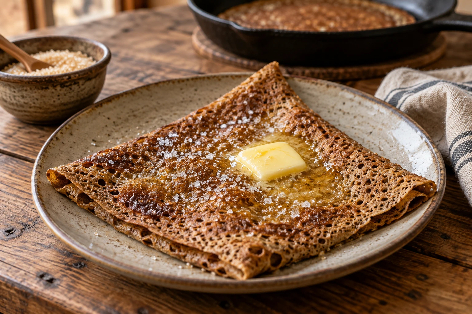 Galette de sarrasin au beurre et au sucre pliée en quatre sur une assiette en grès