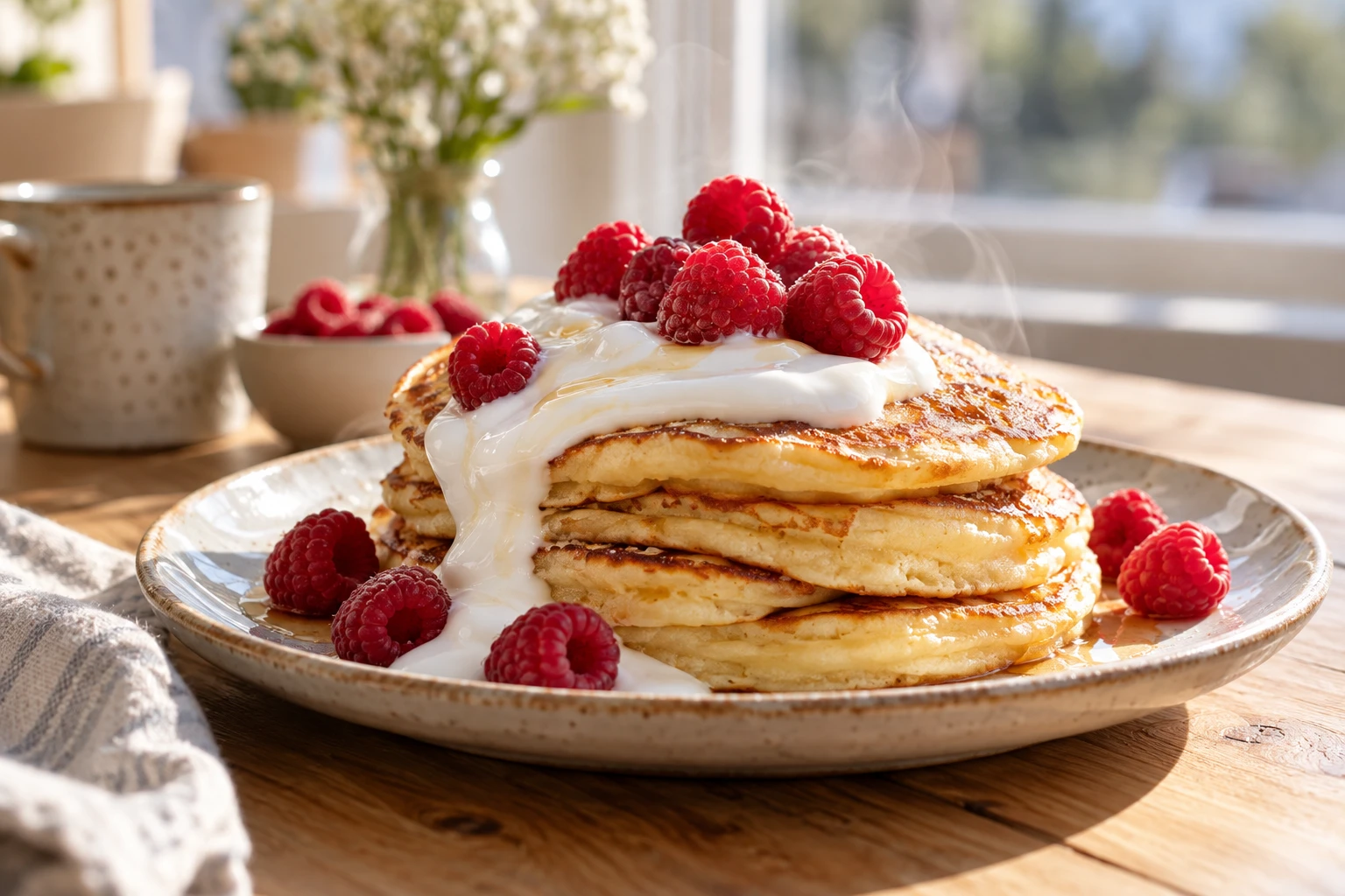 Pile de crêpes protéinées dorées au skyr et aux framboises sur une table en bois