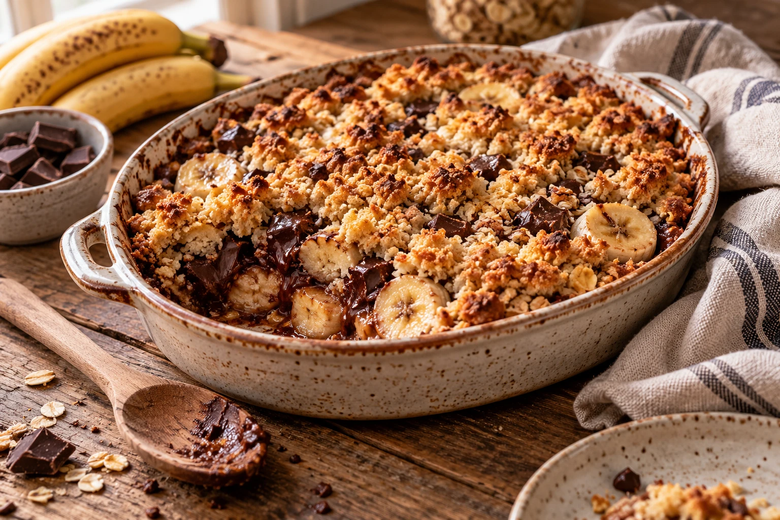 Crumble banane chocolat doré dans un plat en grès, avec chocolat fondu et rondelles de banane