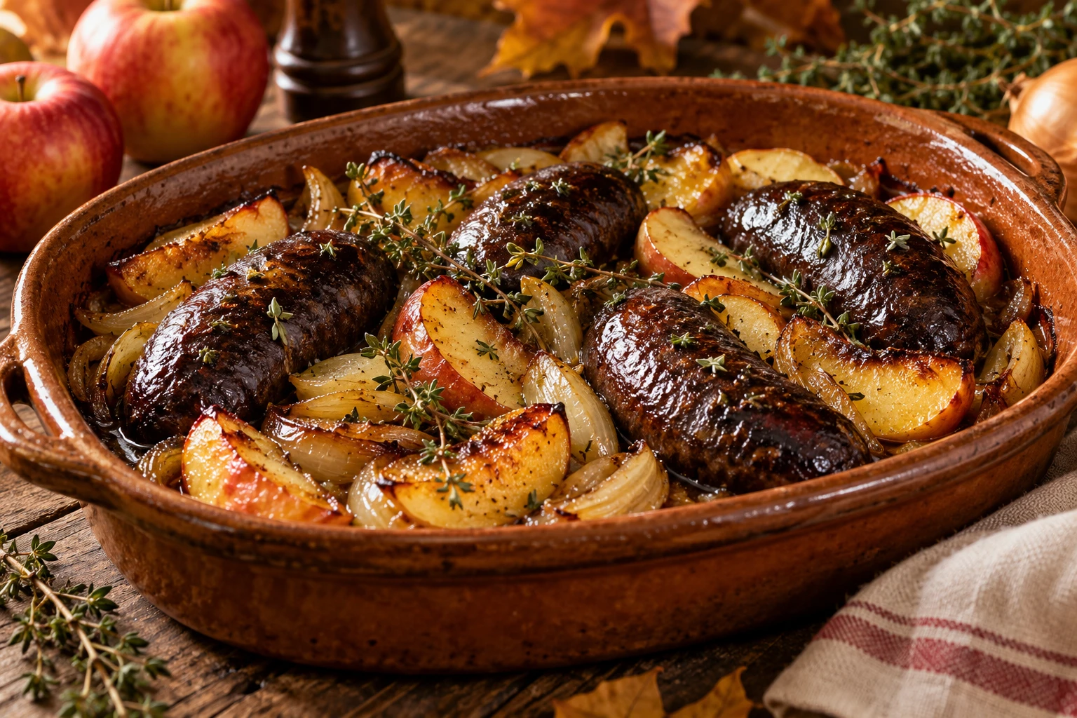 Boudins noirs dorés rôtis au four avec pommes et oignons dans un plat en terre cuite