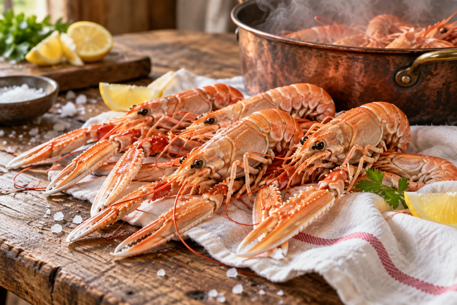 Langoustines cuites posées sur un linge blanc près d'une casserole fumante sur une table en bois