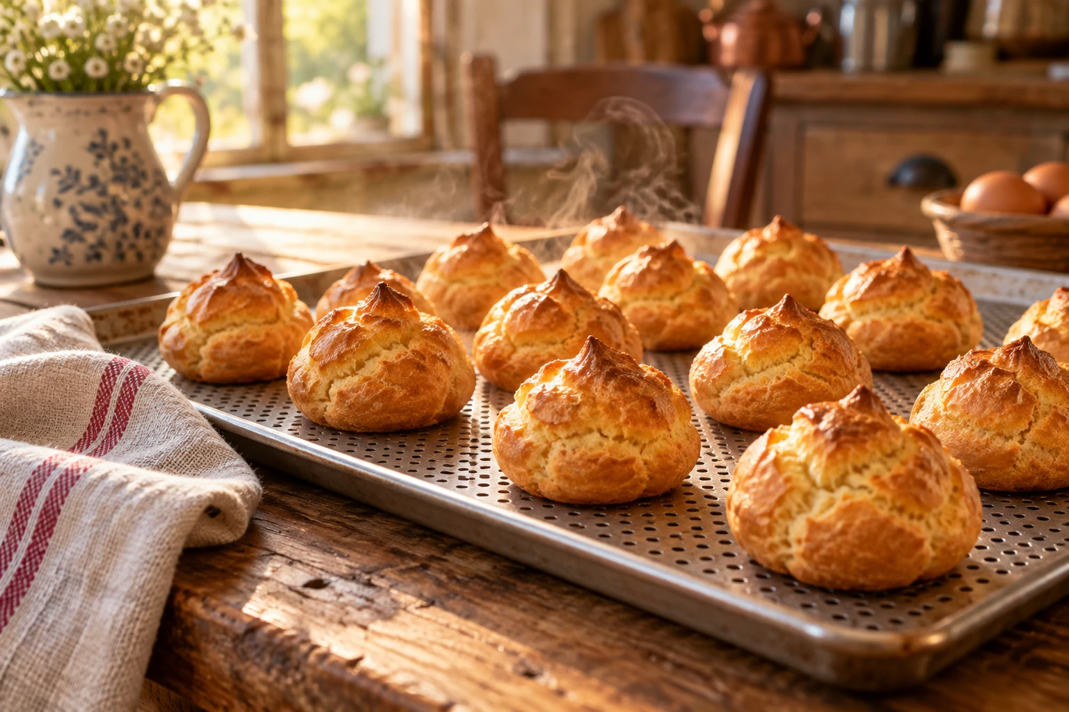 Choux dorés et réguliers sur une plaque de cuisson à la sortie du four dans une cuisine rustique