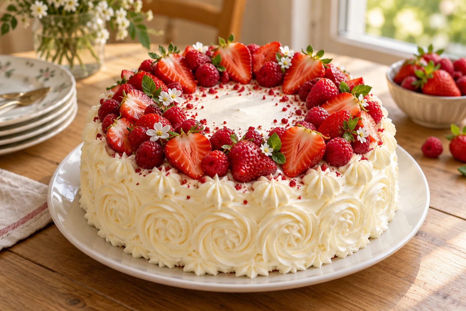 Gâteau décoré de rosaces de chantilly et couronné de fraises et de framboises fraîches sur un plat blanc