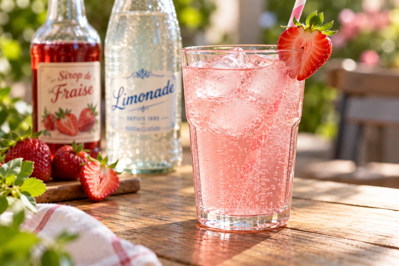 Verre de diabolo fraise avec glaçons et fraise fraîche posé sur une table en bois ensoleillée