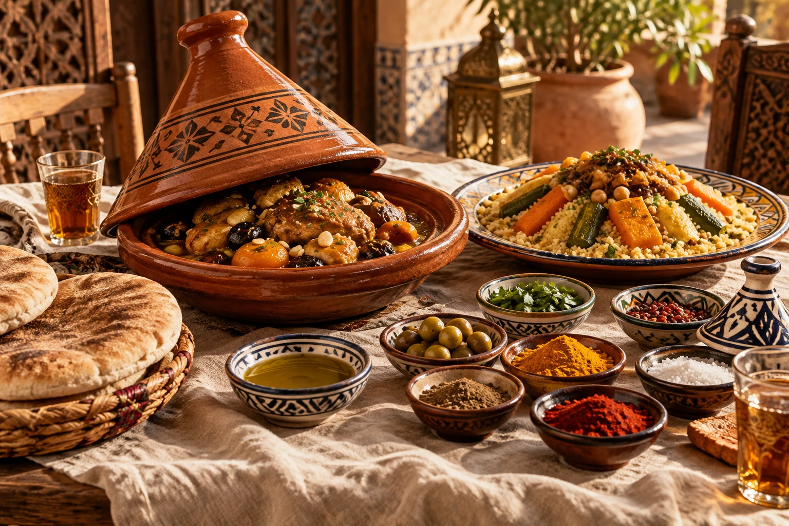 Un tajine en terre cuite et une assiette de couscous sur une table chaleureuse avec pain et épices