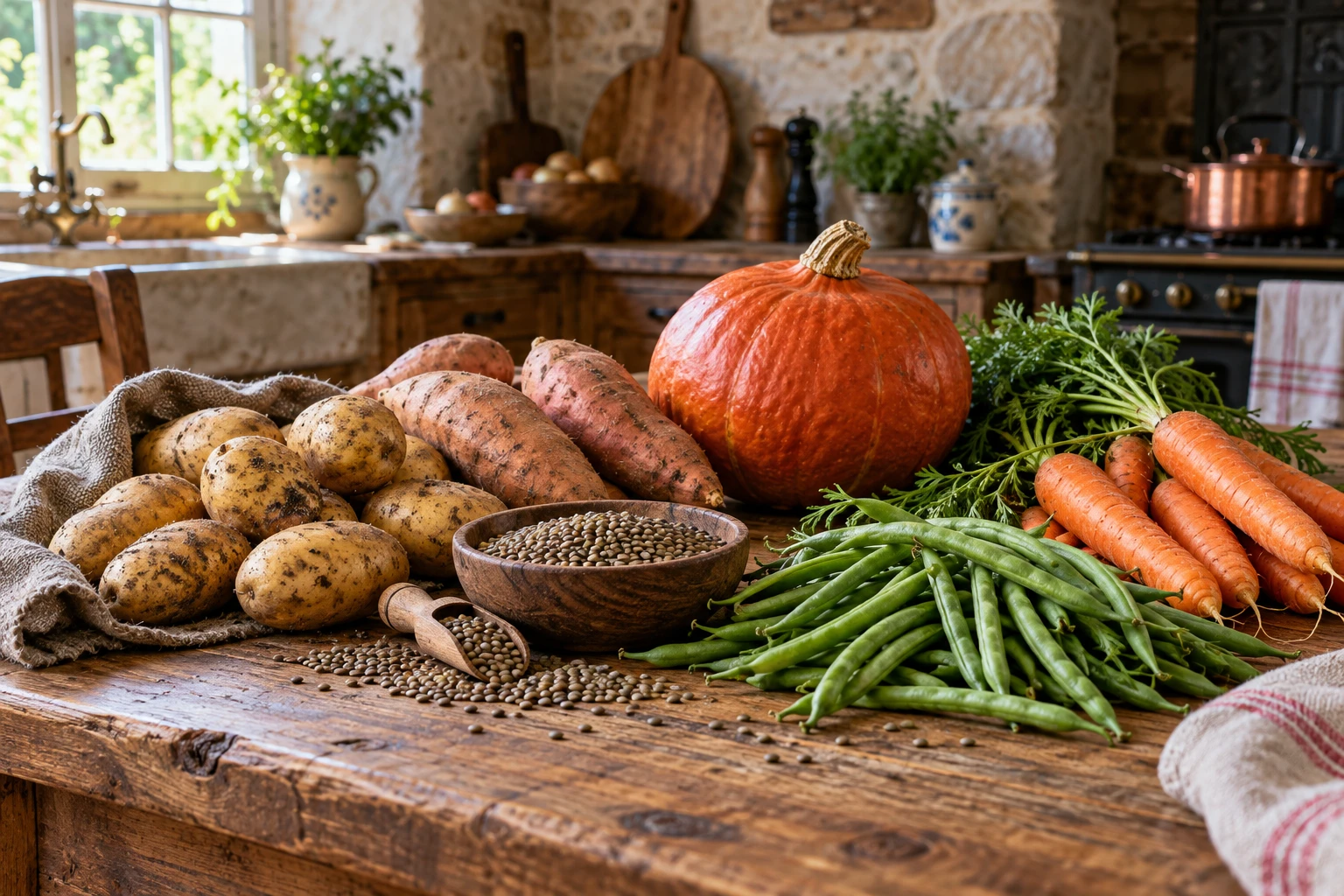 Légumes, féculents et légumineuses disposés sur une table en bois dans une cuisine rustique