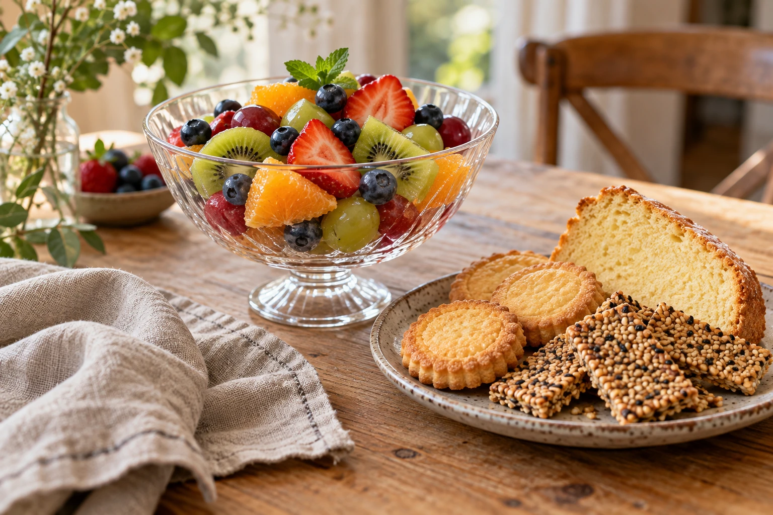 Coupe de salade de fruits servie avec biscuit de Savoie, sablés et croustillants au sésame sur une table en bois