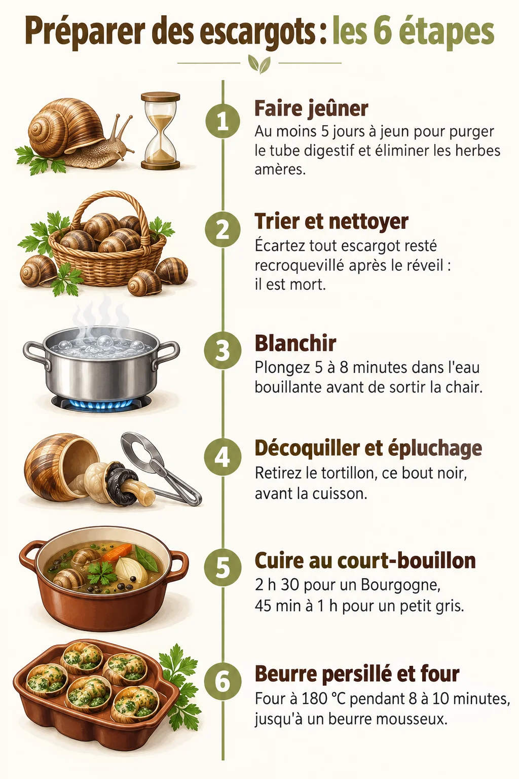 Préparer des escargots : les 6 étapes : 1. Faire jeûner, 2. Trier et nettoyer, 3. Blanchir, 4. Décoquiller et épluchage, 5. Cuire au court-bouillon, 6. Beurre persillé et four