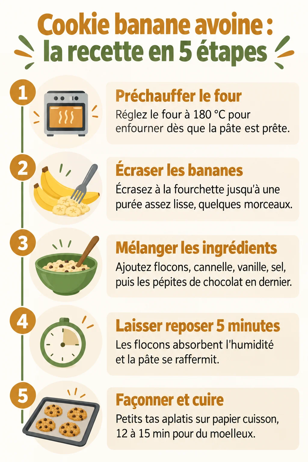Cookie banane avoine : la recette en 5 étapes : 1. Préchauffer le four, 2. Écraser les bananes, 3. Mélanger les ingrédients, 4. Laisser reposer 5 minutes, 5. Façonner et cuire
